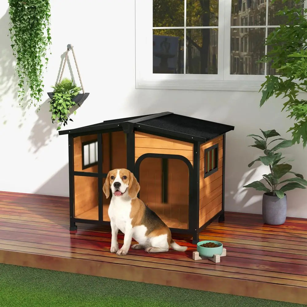 Outside CabinStyle Wooden Dog House for Large Dogs with Openable Roof amp Giant Window, Outdoor amp Indoor Big Dog Shelter, Asp