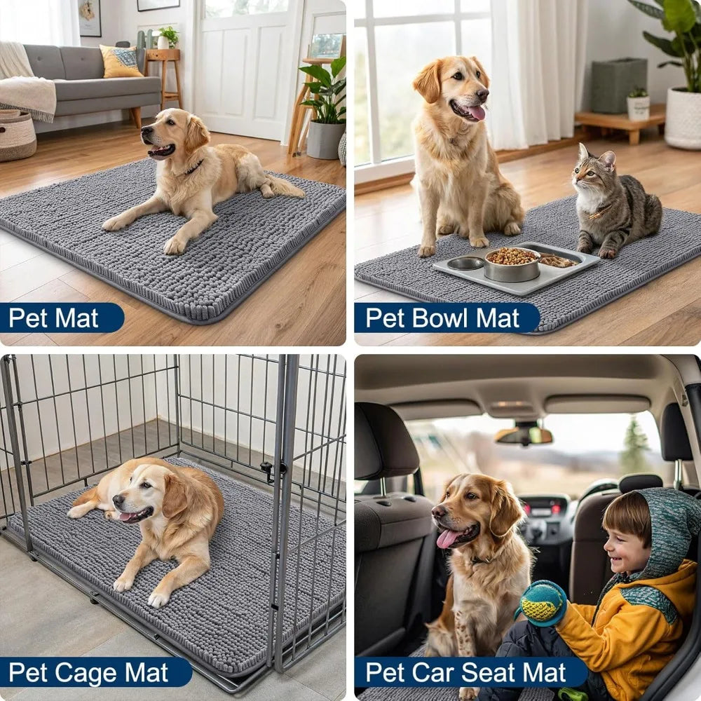 Absorbent Non-Slip Dog Door Mat for Muddy Paws, Quick Dry Washable Chenille Indoor Entryway Carpet, Grey 48x30