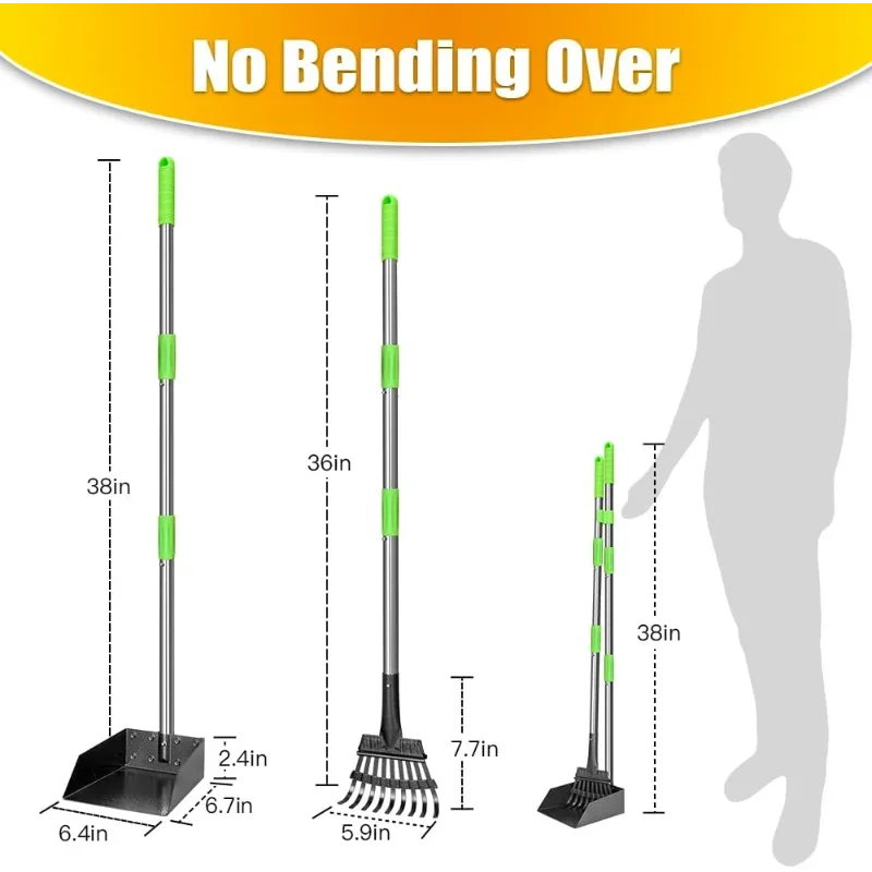 Dog Pooper Scooper Long Handle Stainless Metal Tray and Rake for Medium Small Dogs Heavy Duty Pet Supplies