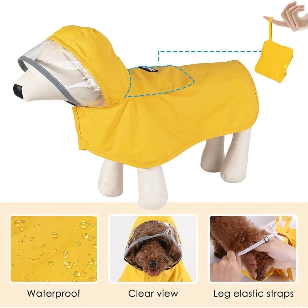 Dog Raincoat Adjustable Waterproof Jacket with Transparent Hood Reflective Straps Small Medium Large Dogs Puppies Rain Gear