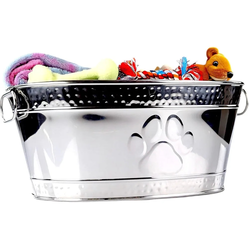 Metal Indestructible Dog Toy Bin - Steel Dog Toy Basket with Handles, Pet Toy Box, Oval for Blankets, Leashes, & Toys for Aggres