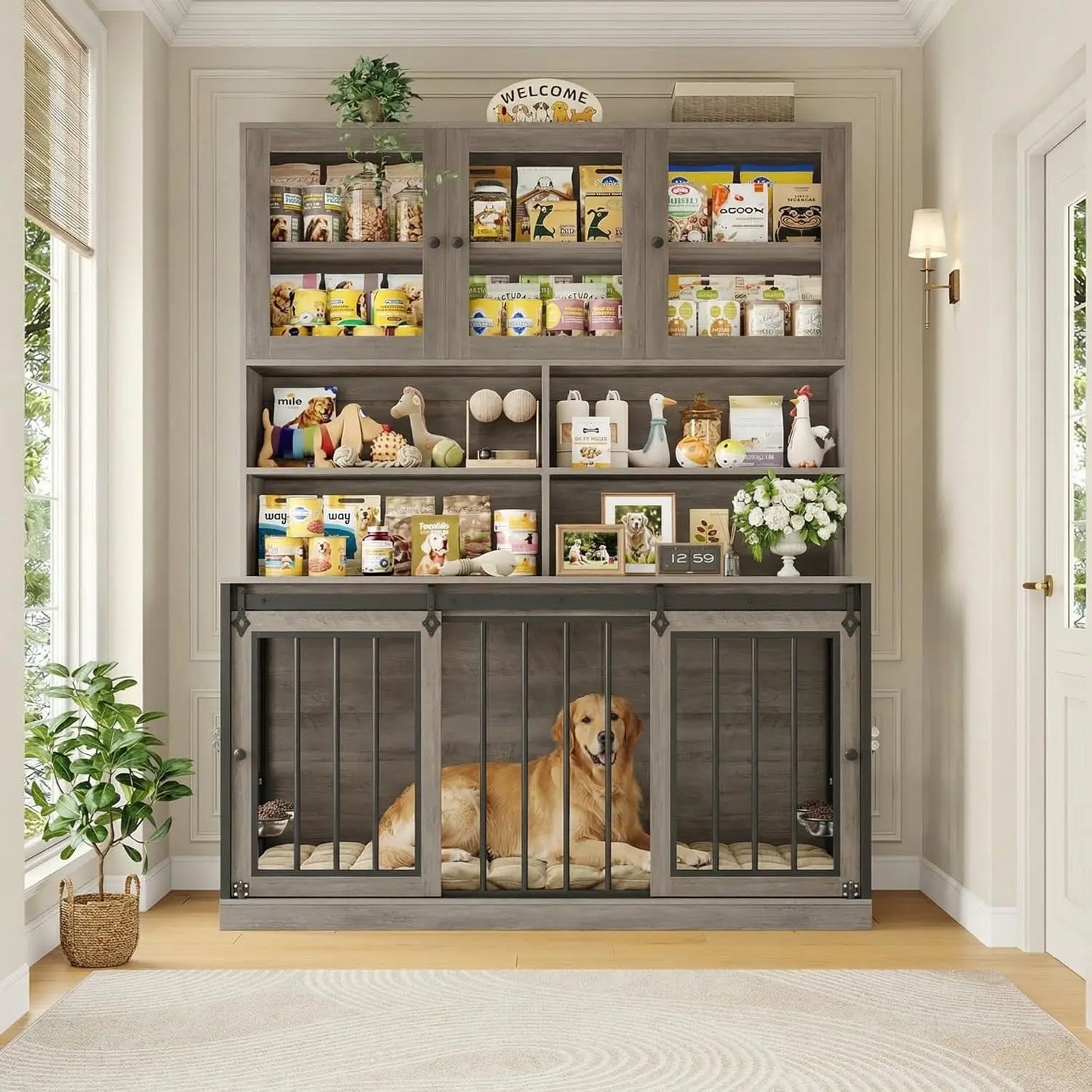71" Tall Wooden Dog Crate Hutch with Storage Feeding Bowls Removable Divider Indoor Heavy Duty XL Pet House Grey, Custom