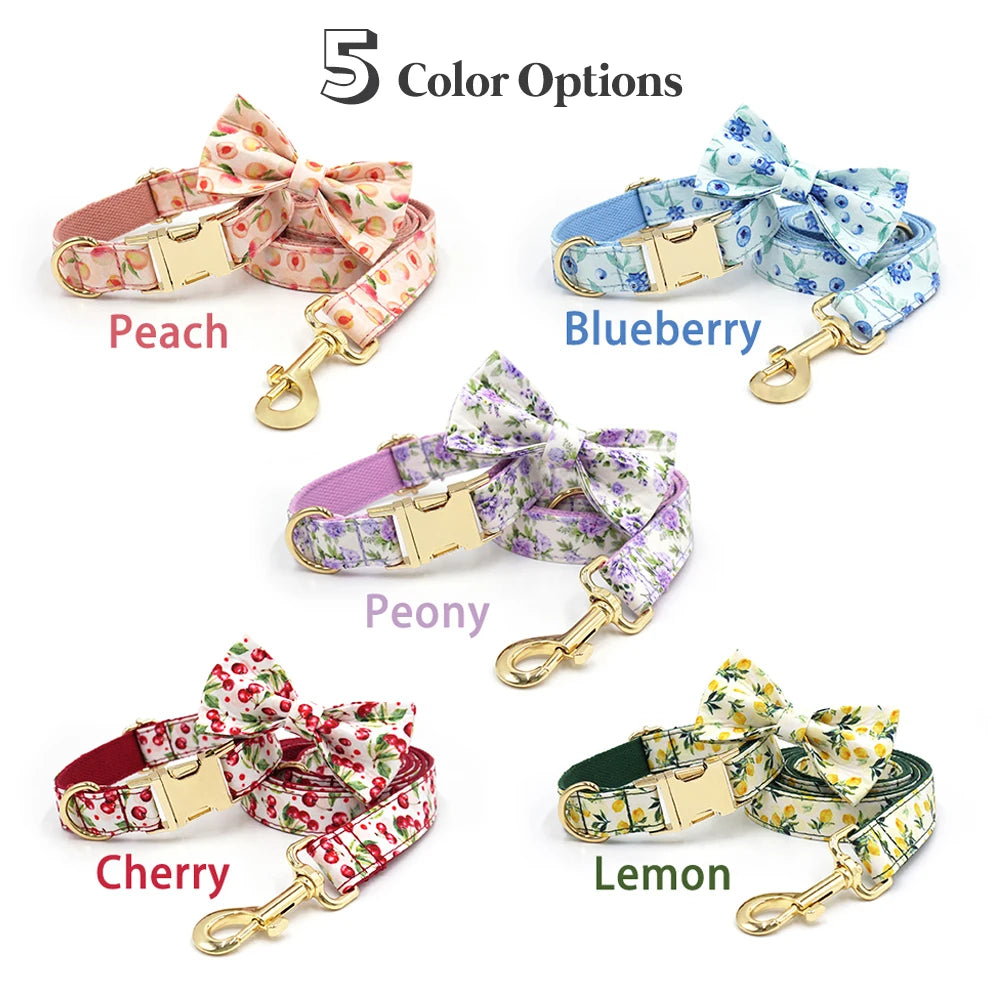 Honey Peach Pattern Dog Collar Personalized Fruit Collection Luxury Bowtie Dog Collar and Leash Set with Poop Bag Pet Cat Collar