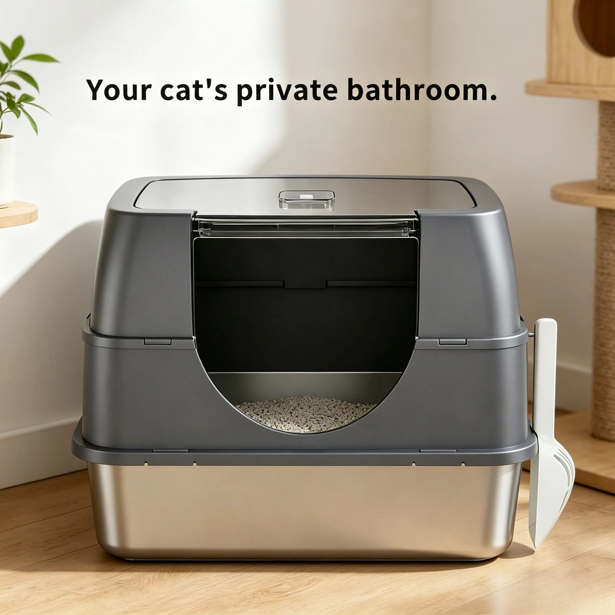 Large Stainless Steel Enclosed Cat Litter Box With Lid High Splash Proof Sided Metal Kitty Potty Front Entry Top Exit Dog Proof Odor Control Leak Resistant Easy Clean Complete Set With Litter Mat Litter Scoop & Filter Step Fo