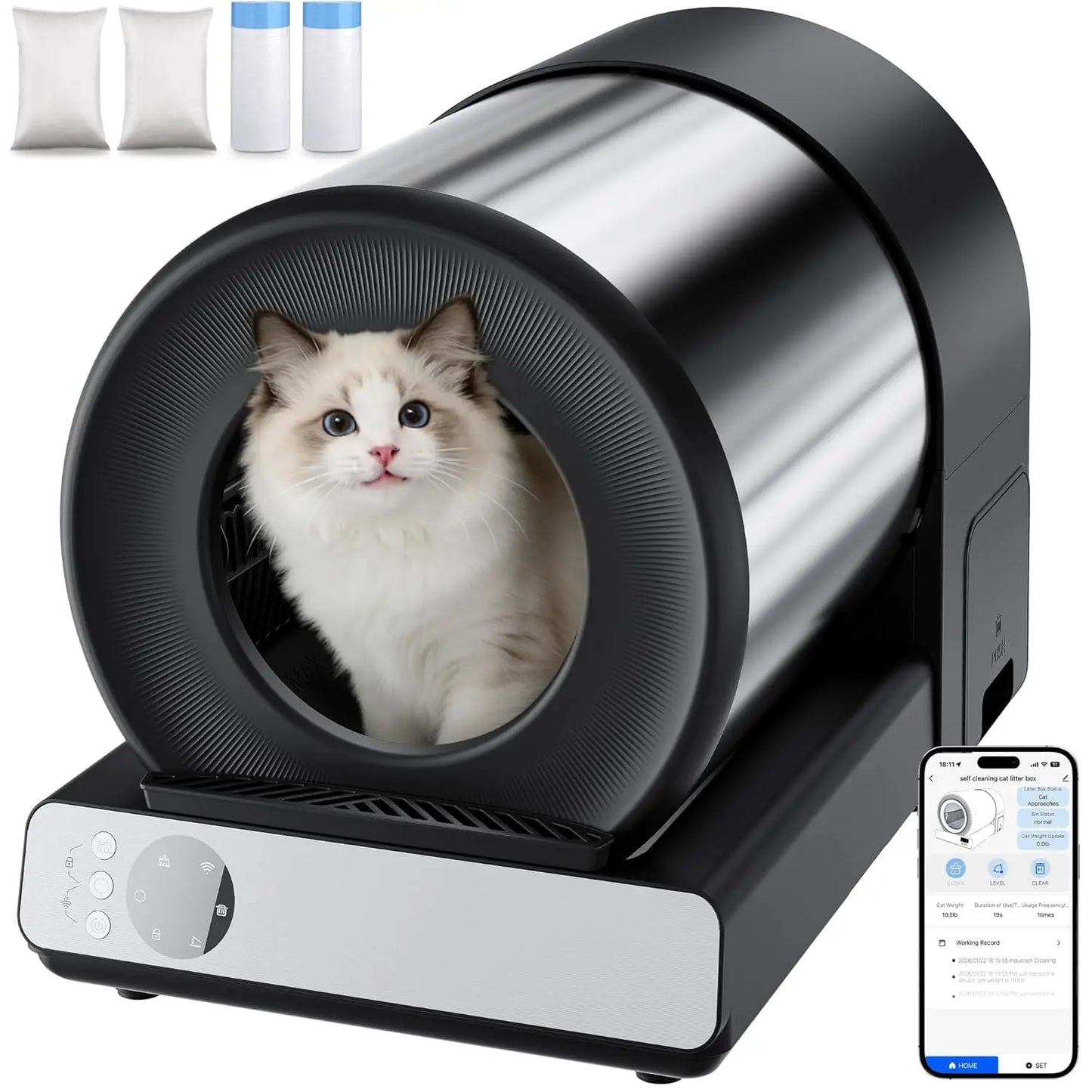 Self Cleaning Automatic Litter Box, Stainless Steel, App Health Monitoring, Odor Control & Safety Sensors for Multi Cat, Custom