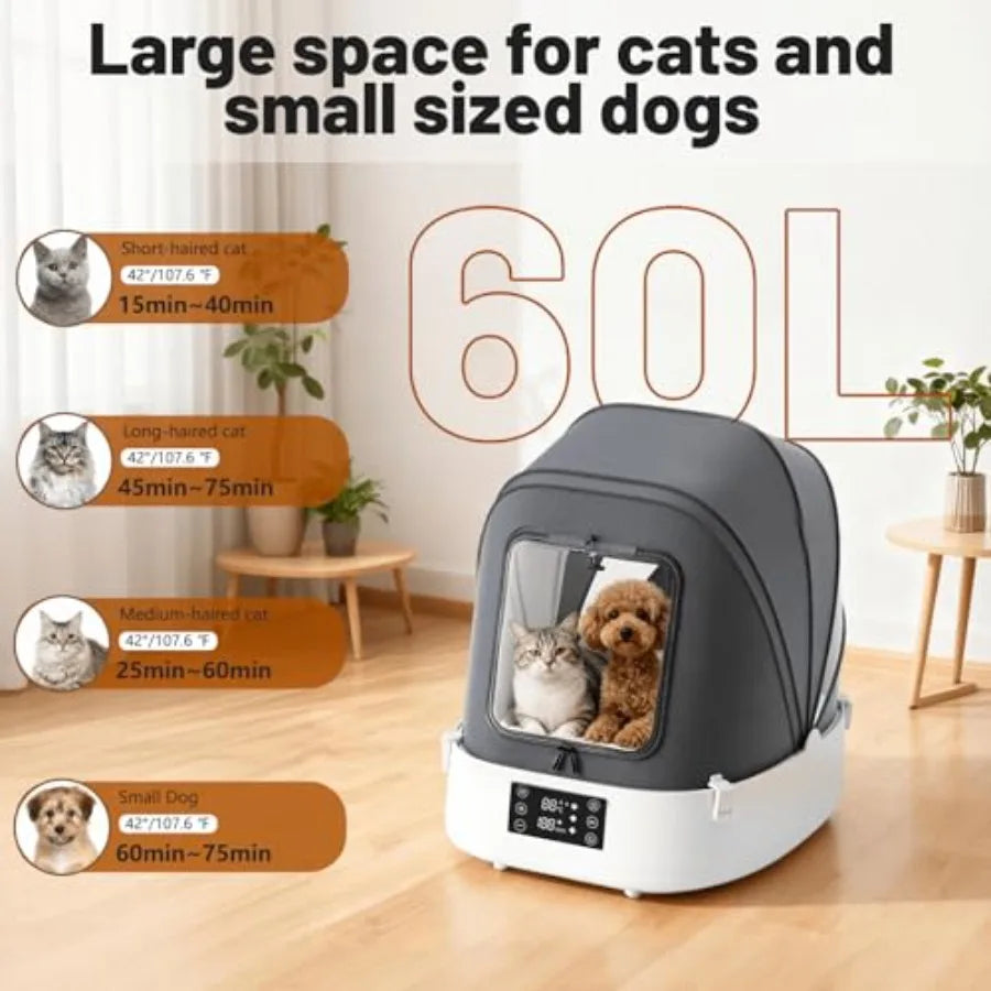 Automatic Pet Dryer Box with 86CFM Dual Fans 60L Foldable Design 360 Quiet Airflow Temperature/Time Control Grooming Hair Blowe