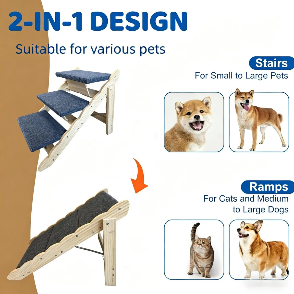 2-in-1 Collapsible Wooden Dog Stairs and Ramp for Bed, Couch, or Car – 3-Step /4-Step Anti-Slip Pet Ladder, Stable Indoor Dog Furniture, Supports Small to Large Dogs Up to 150 lbs