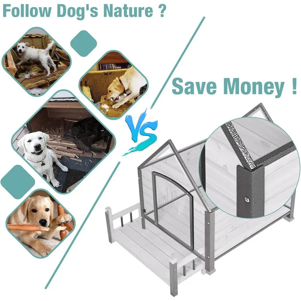 Dog House or Outdoor/Indoor, Weatherproo Outdoor Kennel or Large Dogs, Chew-Resistant Iron e & Asphalt Roo (Grey, L)