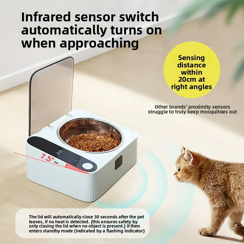 Pet Smart Infrared Sensor Open Lid Cat Bowl Stainless Steel with Lid Dustproof Insect-proof and Moisture-proof Pet Bowl