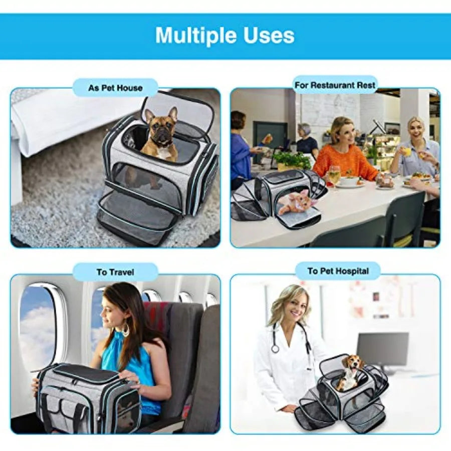 Airline Approved Large Soft Sided Pet Carrier Expandable with Removable Fleece Pad and Pockets for Cats Dogs Small Animals in G