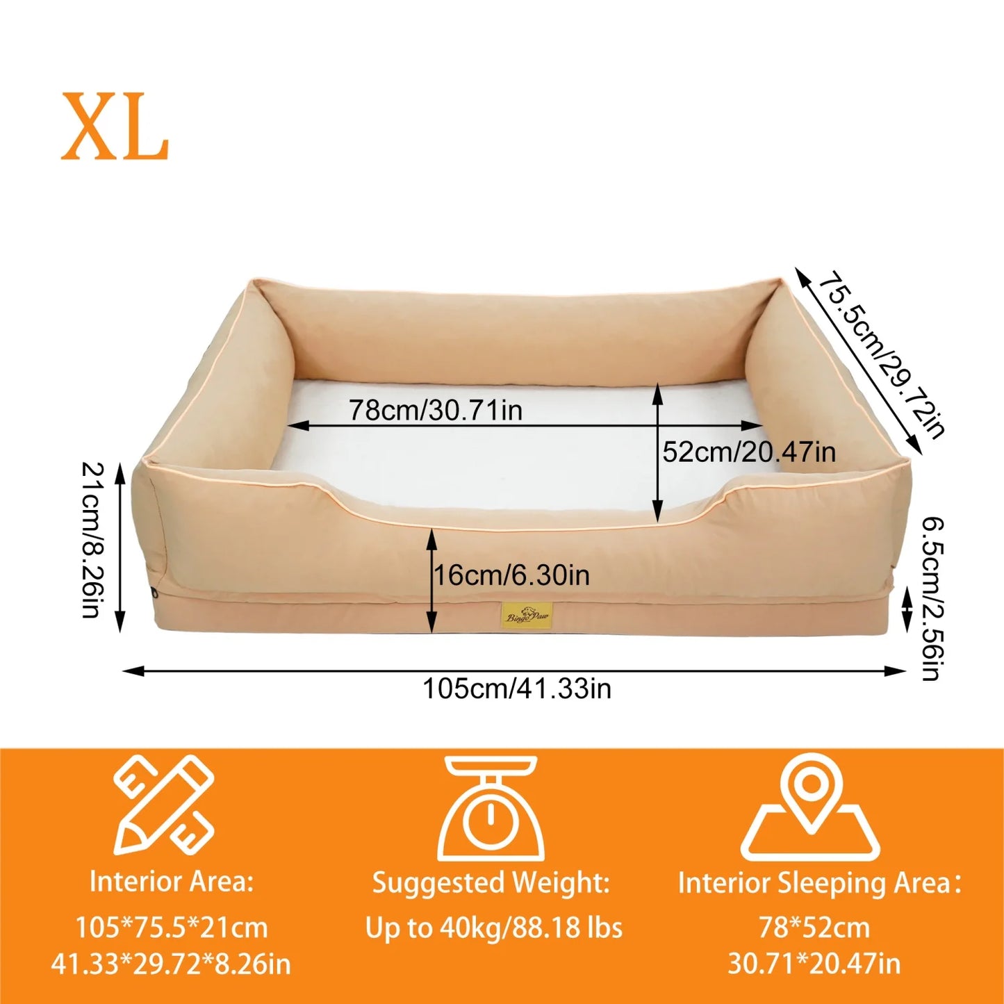 M-3XL Rectangular Dog Beds Orthopedic Dog Pet Sofa Couch Bed with Bolster Washable Pet Couch Lounger Sponge Base for Large Dogs Waterproof Lining Removable Cover