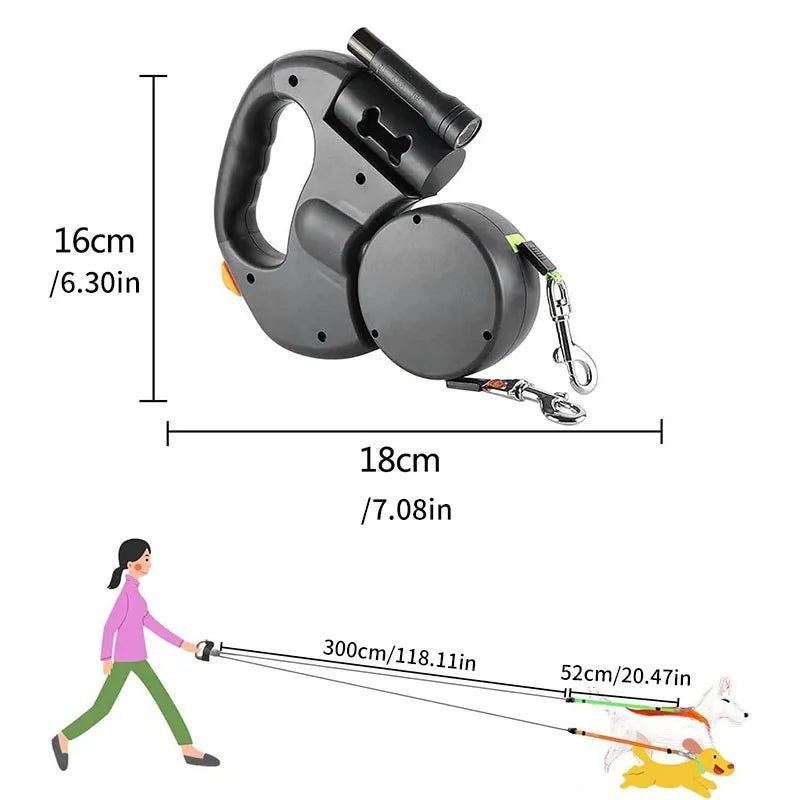 Leash for Pet Dogs Self-rolling Retractable Leash For 2 Dogs Retractable 360° Rotation With LED Light 2-way Leash Roll Type