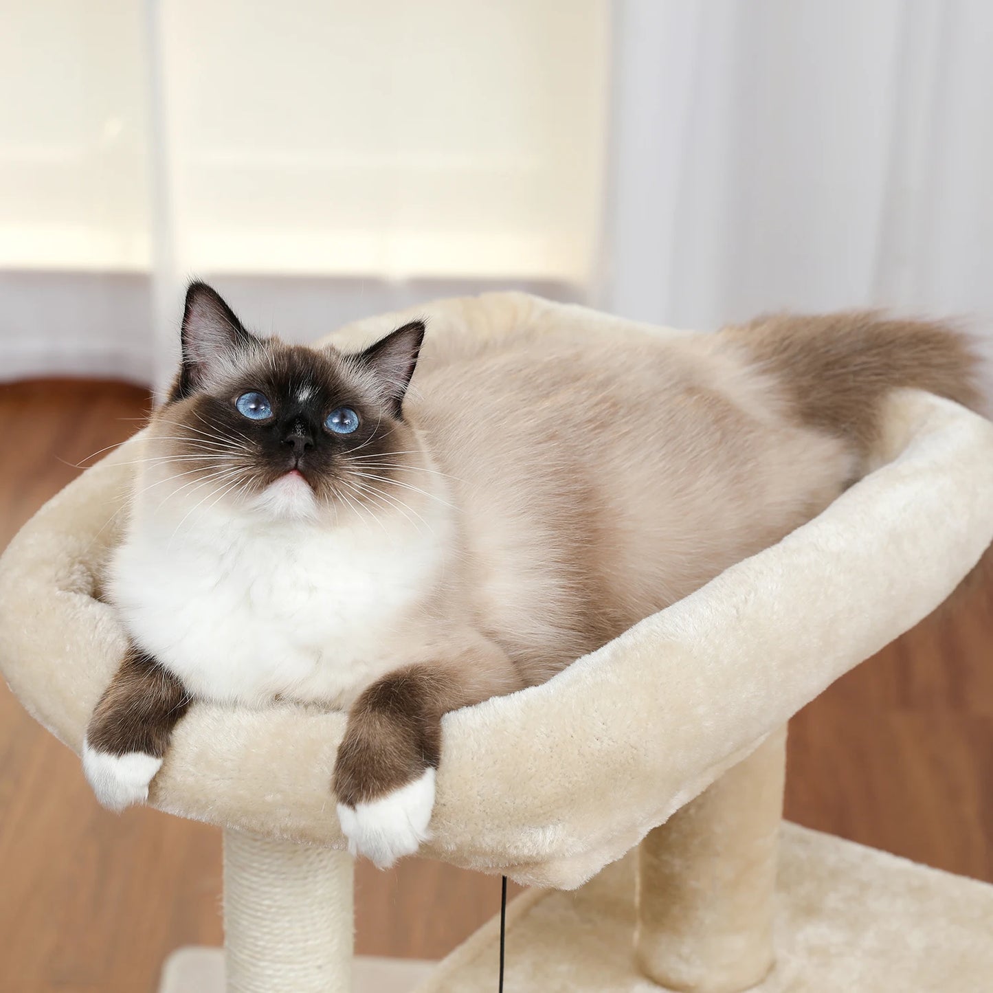Wooden Cat Tower with Double Condos Spacious Perch Fully Wrapped Scratching Sisal Posts and Replaceable Dangling Balls