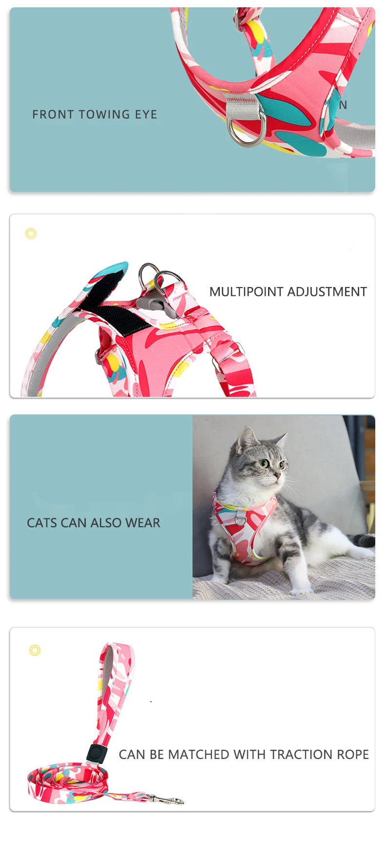 New Dog Cat Harness Adjustable Vest Walking Lead Leash For Puppy Dogs Collar Polyester Mesh Harness For Small Medium Dog Cat Pet