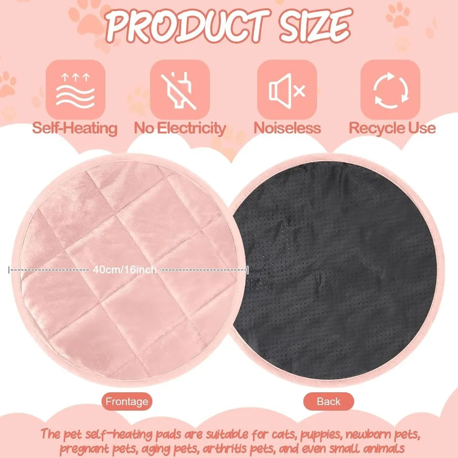 2 Pcs Round Self-Warming Cat Mat with Reversible Design for Indoor and Outdoor Use Machine Washable Heated Pet Bed with Anti-Sl
