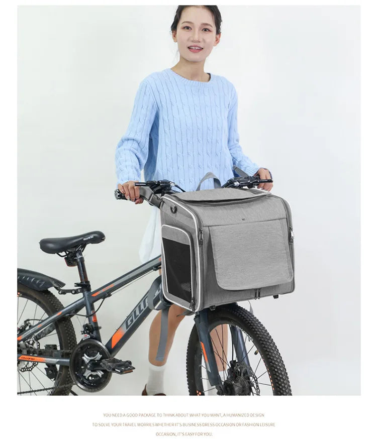 Dog or Cat Bike Basket Expandable Foldable Soft Sided Pet Carrier Backpack with 4 Open Doors, Foldable Dog Cat Bike Carrier