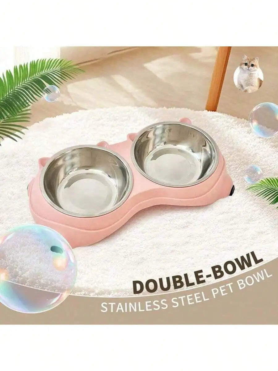 Double Stainless Steel Pet Bowl Set with Base, 2 in 1 Cat and Dog Food Water Bowl, Easy to Clean Rust Resistant Metal Pet Bowl, Non Slip Base for Indoor and Outdoor Use, Macaron Color