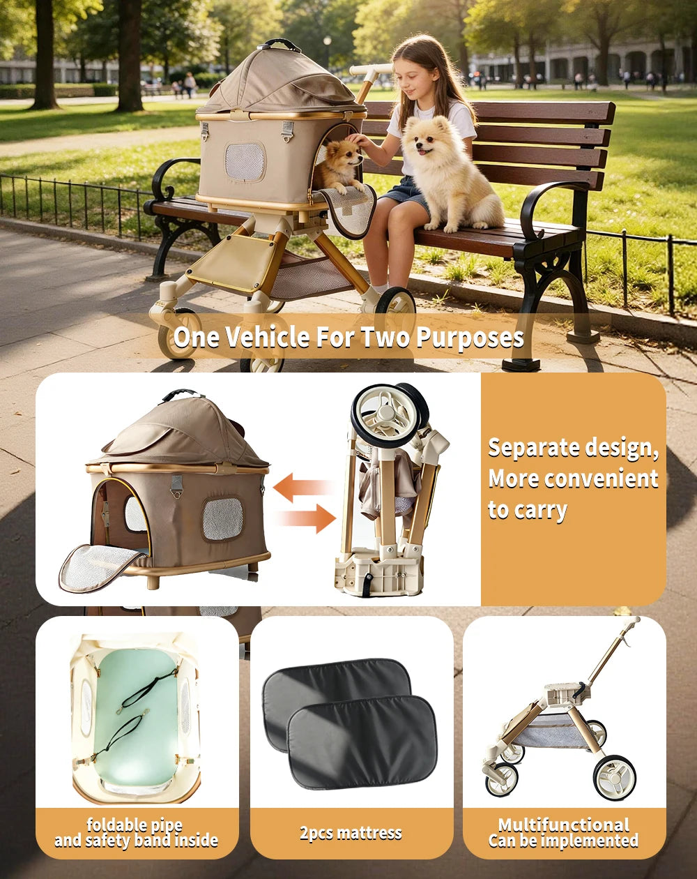 Pet Stroller for Dog & Cat, Pubby Stroller Upload to 55lbs,Dog Basket,Luxury Dog Stroller