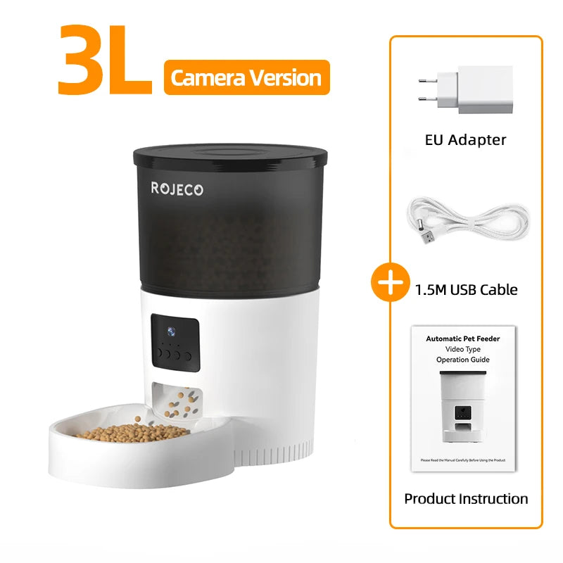 ROJECO 3L Automatic Dog Feeder With Camera Smart Pet Food Dispenser For Dogs WIFI Remote Food Feeding with Stainless Steel Bowl