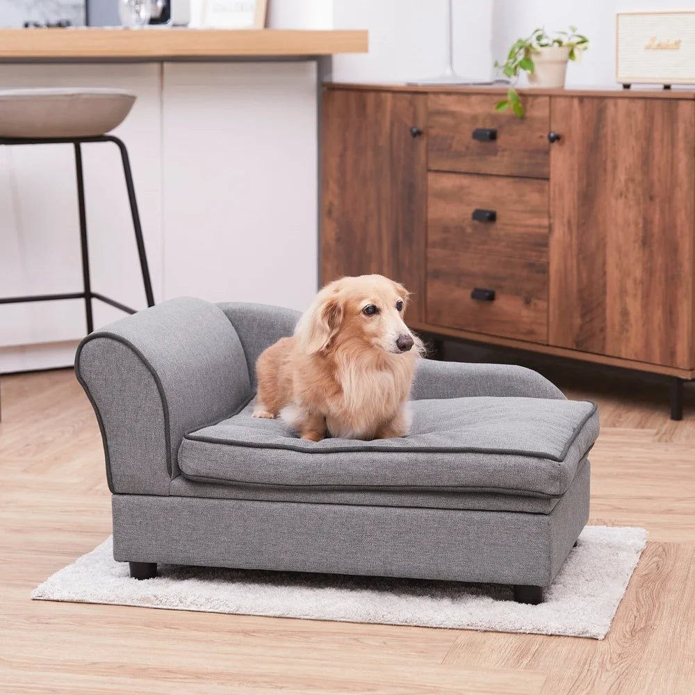 Stylish Chaise Lounge Dog Bed with Storage Medium Dogs Cozy Pet Sofa Elegant Upholstered Pet Furniture
