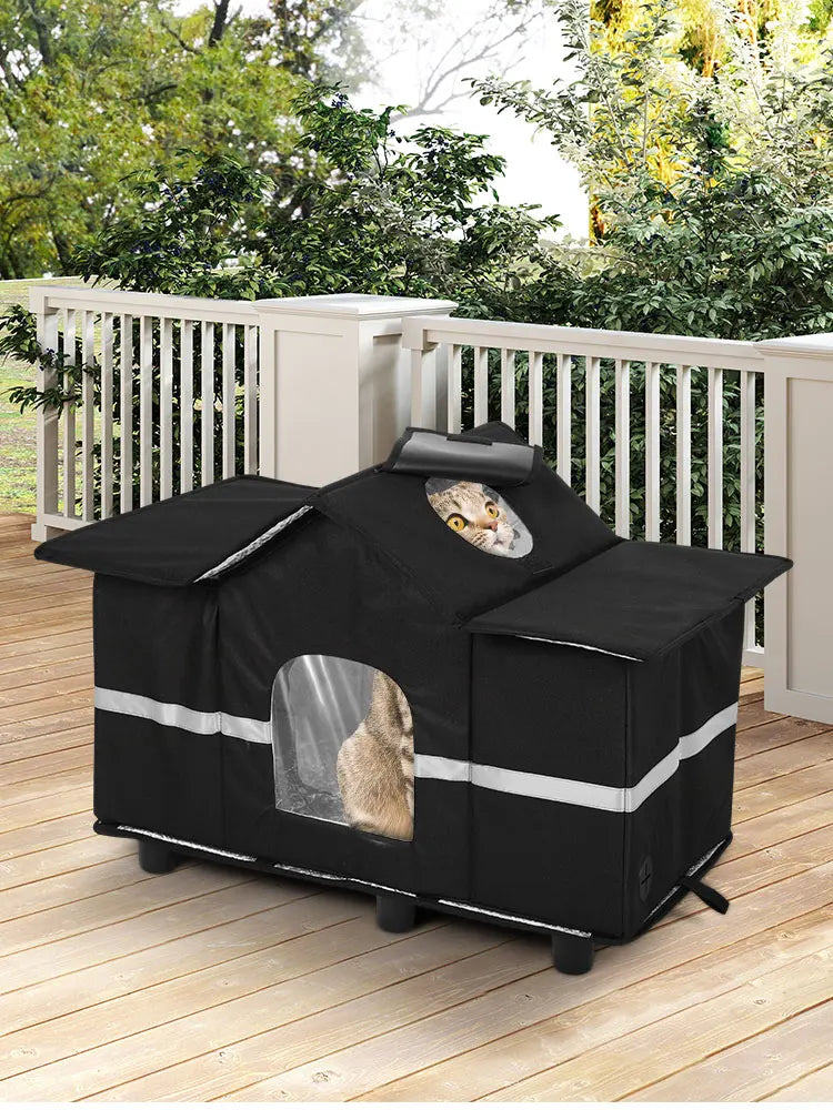 Waterproof Outdoor Large Cat Shelter & Roof Window Elevated Pet House Feral Cat House for Stray/Barn Cats with Cozy Cushion
