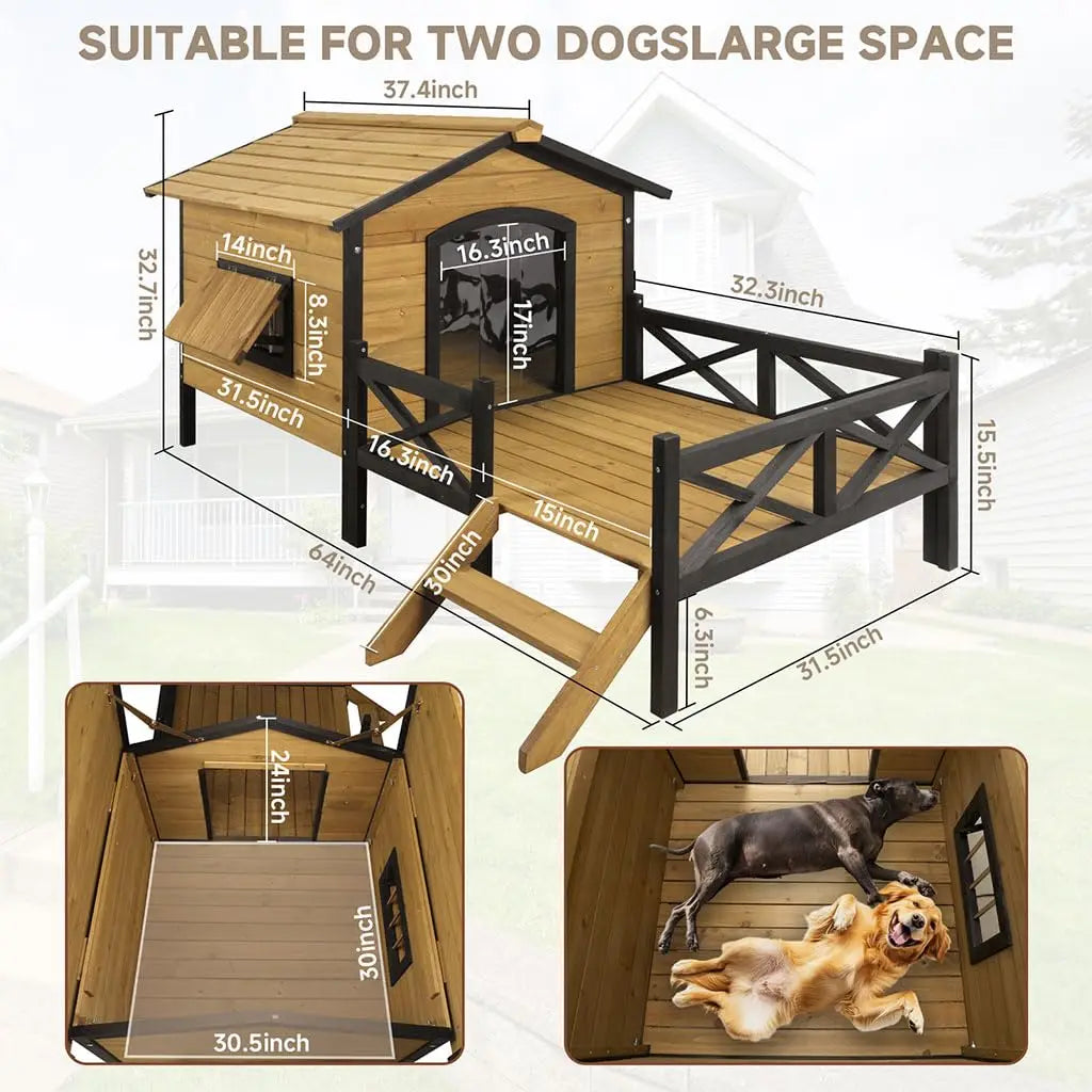 Large Wooden Dog House Weatherproof Elevated Outdoor Pet Shelter w/ Porch Deck 43.3"x69.9"x32.7", Custom