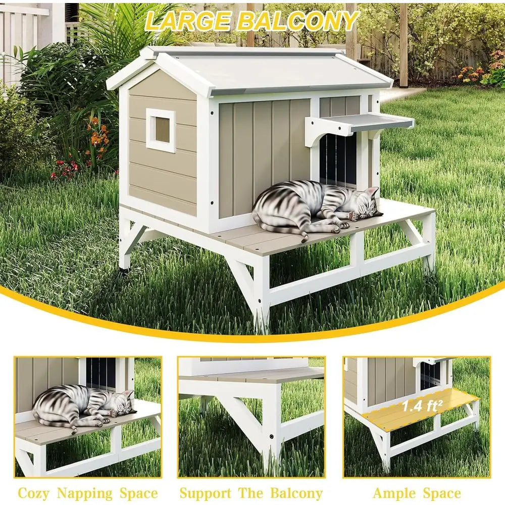Outdoor Cat Shelter with Balcony, Weatherproof House for 1-3 Cats, Grey Wooden Enclosure with Elevated Base