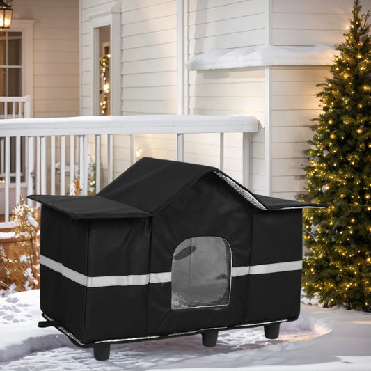 Waterproof Outdoor Large Cat Shelter & Roof Window Elevated Pet House Feral Cat House for Stray/Barn Cats with Cozy Cushion