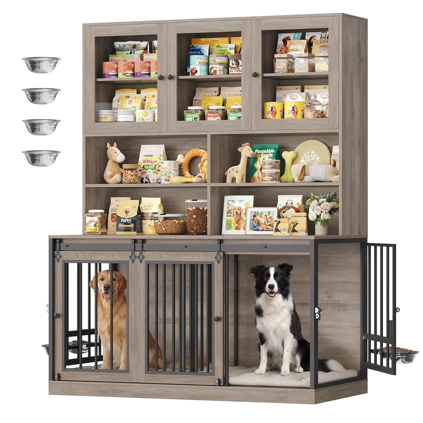 71" Tall Wooden Dog Crate Hutch with Storage Feeding Bowls Removable Divider Indoor Heavy Duty XL Pet House Grey, Custom