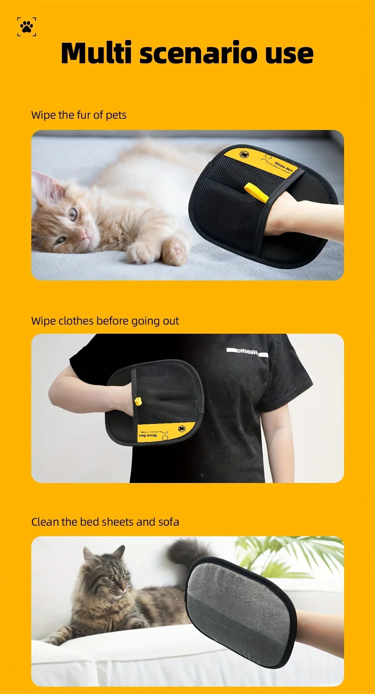 Large Pet Static Hair Removal Grooming Gloves, Upgrade Version Polypropylene Cat Hair Remover Gloves, Black with Yellow Accents for Pet Shedding