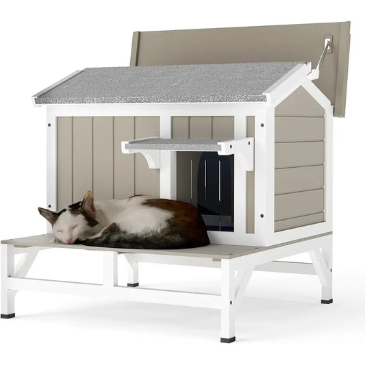 Outdoor Cat Shelter with Balcony, Weatherproof House for 1-3 Cats, Grey Wooden Enclosure with Elevated Base