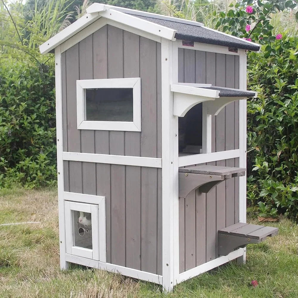 PetsCosset Outdoor Cat Shed Two-story wooden cat house with roof, grey -