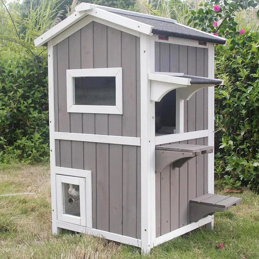 PetsCosset Outdoor Cat Shed Two-story wooden cat house with roof, grey -