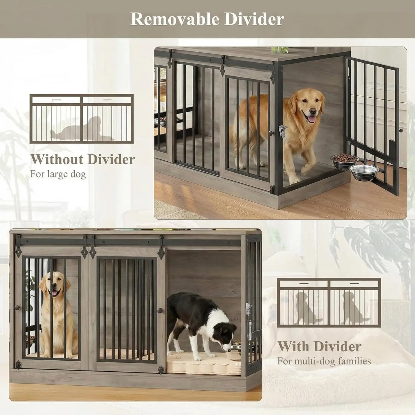 71" Tall Wooden Dog Crate Hutch with Storage Feeding Bowls Removable Divider Indoor Heavy Duty XL Pet House Grey, Custom