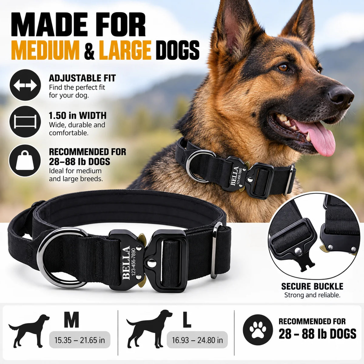 Laser Lettering Tactical Dog Collar, Support Name and Phone Customization, Nylon Material Is Suitable for Medium and Large Dogs