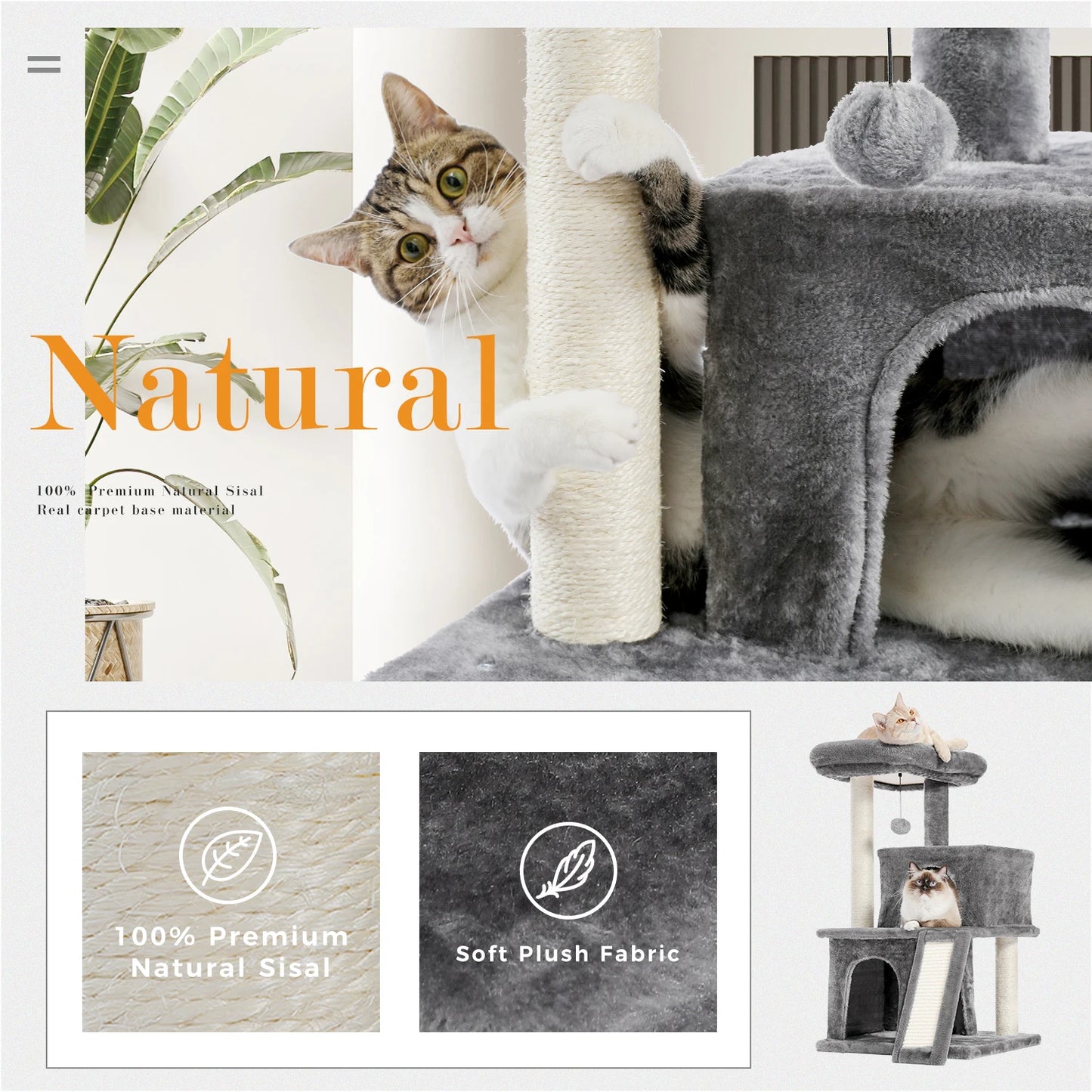Wooden Cat Tower with Double Condos Spacious Perch Fully Wrapped Scratching Sisal Posts and Replaceable Dangling Balls