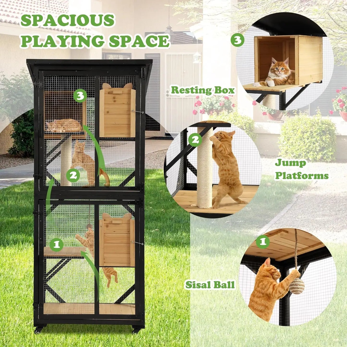 Cat Catio 4 Tiers Outdoor Cat Enclosure Window Access, Indoor Cat House with Wheels and Removable Floor