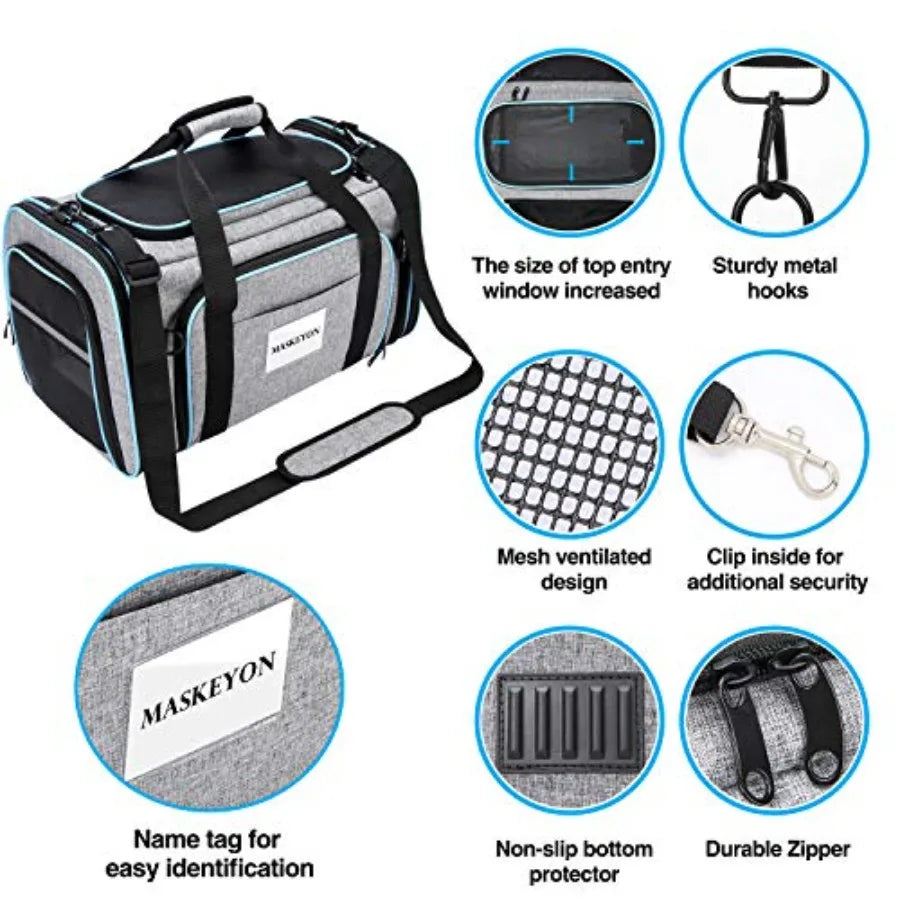 Airline Approved Large Soft Sided Pet Carrier Expandable with Removable Fleece Pad and Pockets for Cats Dogs Small Animals in G
