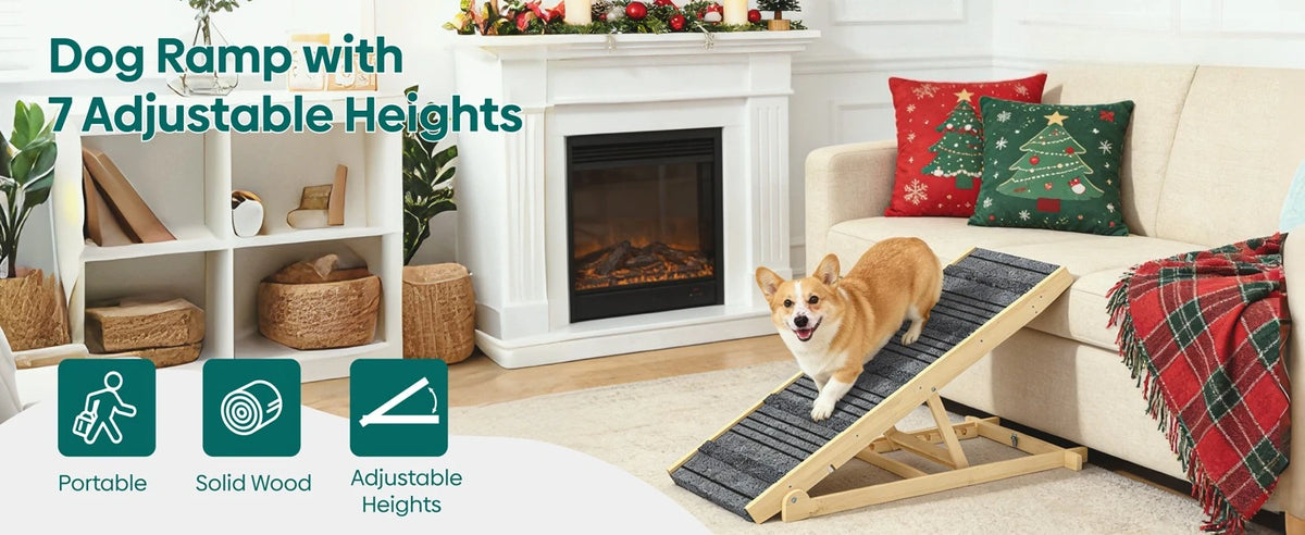 7-Height Adjustable Dog Ramp for Bed, Solid Wood Folding Pet Ramp with Anti-Slip Carpet Surface, No Assembly, Supports 150 lbs