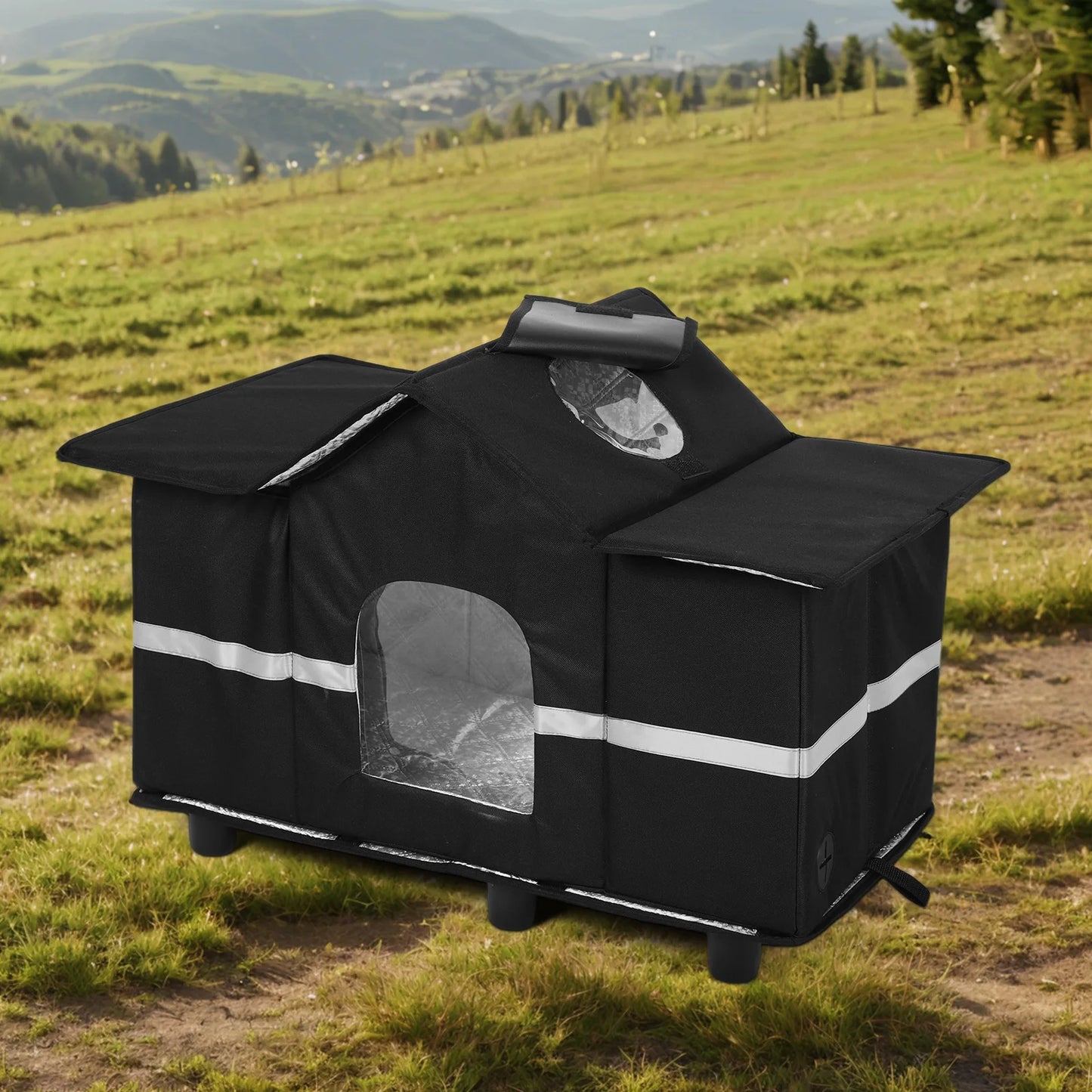 Waterproof Outdoor Large Cat Shelter & Roof Window Elevated Pet House Feral Cat House for Stray/Barn Cats with Cozy Cushion