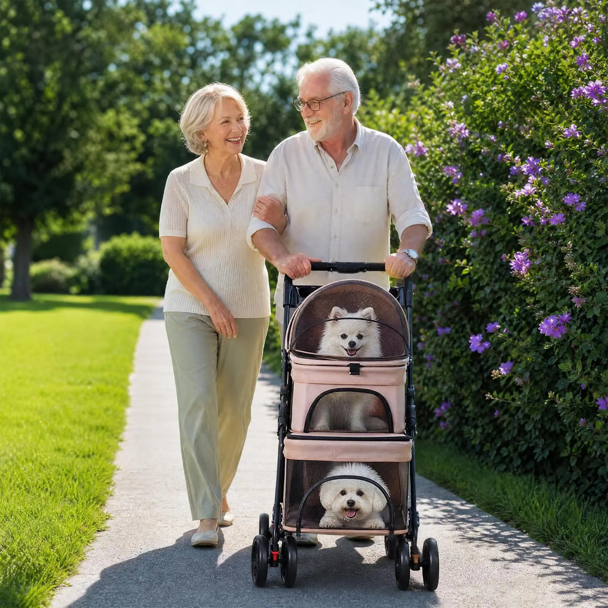 Foldable Double Decker Pet Stroller 4 Wheels Breathable Mesh Puppy Cat Travel Stroller for Multi-Pet Families Outdoor Walking
