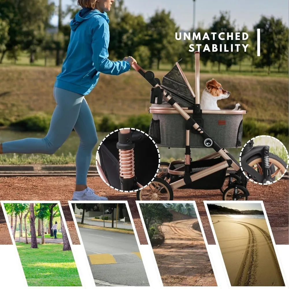 Pet Stroller with 4 Wheels, Foldable Pet Travel Carrier for Small/Medium Dogs Cats up to 50lbs, Detachable Portable Pet Bag, Sto