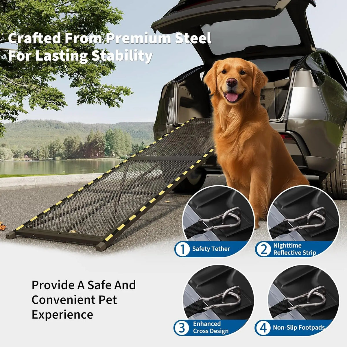 71 inch Collapsible & Portable Dog Ramp for Cars, SUVs, Trucks & RVs – Heavy Duty, Non-Slip Mesh Surface, Carry Handle, Ideal for Medium & Large Dogs, 300 lbs Capacity