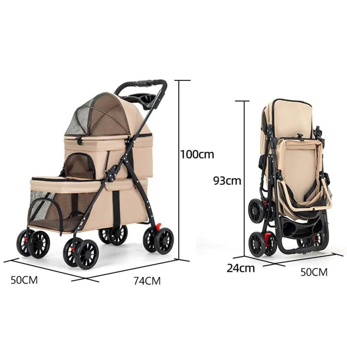 Foldable Double Decker Pet Stroller 4 Wheels Breathable Mesh Puppy Cat Travel Stroller for Multi-Pet Families Outdoor Walking
