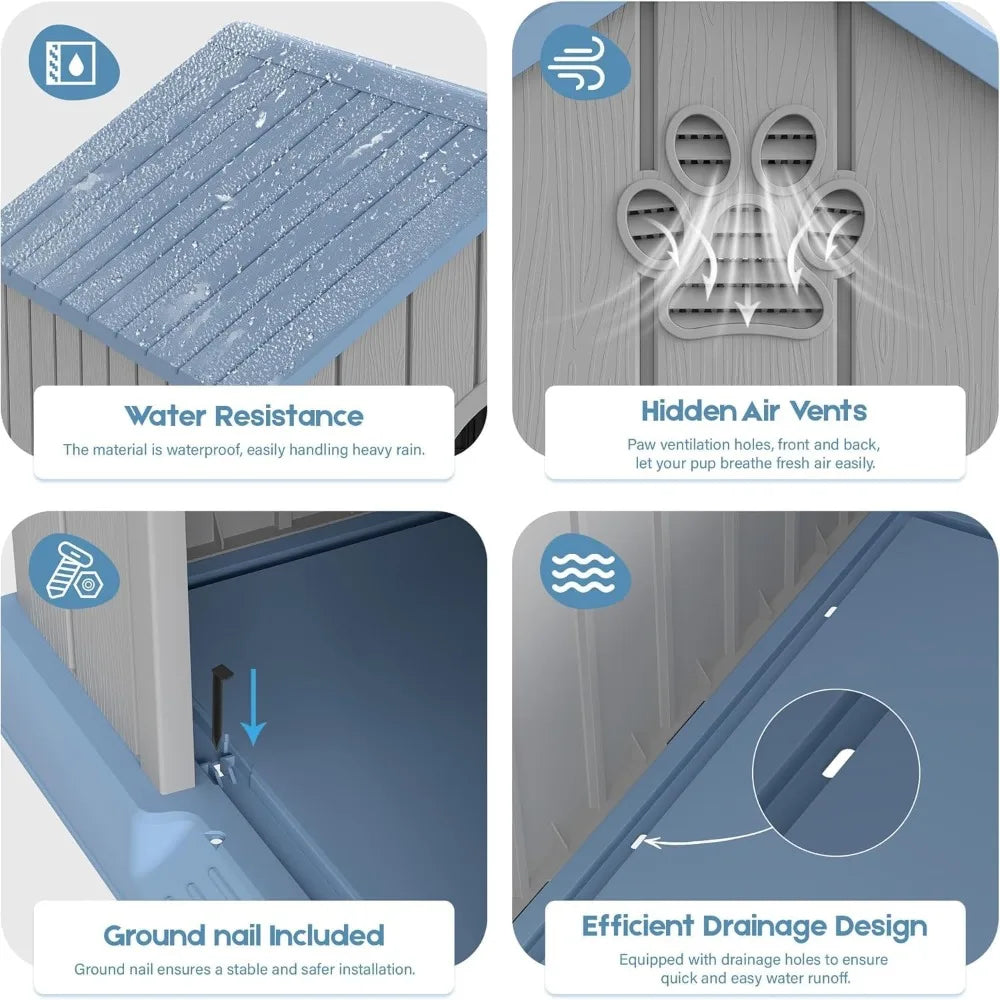 Dog House Outdoor Indoor for Medium Large Dogs, Durable Plastic Waterproof Doghouse with Air Vents and Elevated Floor