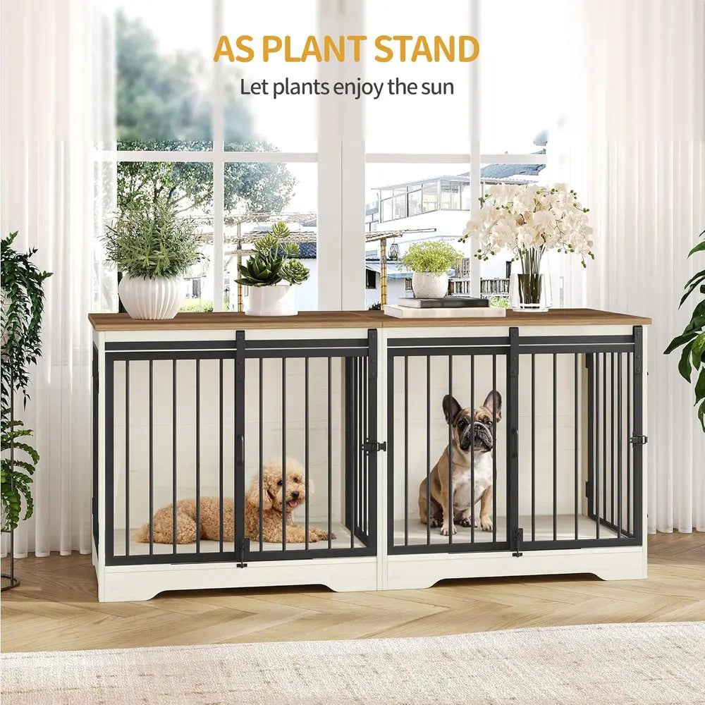 Heavy Duty Wooden Double Dog Cage with Divider, Large Pet Kennel, Barn Door, Suitable for Medium to Small Dogs, White/Brown
