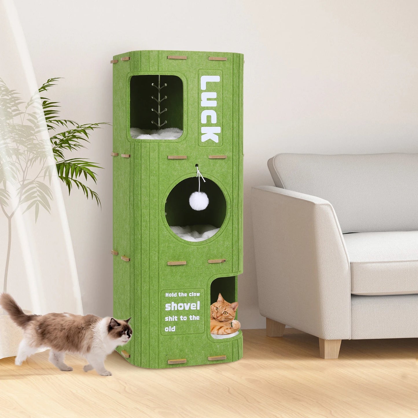 3-Tier Green Felt Cat Bed Multifunction Integrated Felt Cat Cave Creative Cat Bucket for Multi-Cat Family Pet Entertain Nest