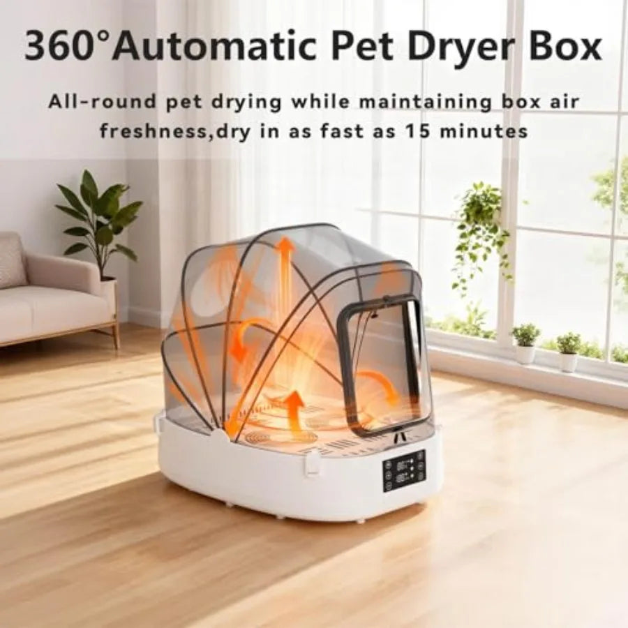 Automatic Pet Dryer Box with 86CFM Dual Fans 60L Foldable Design 360 Quiet Airflow Temperature/Time Control Grooming Hair Blowe