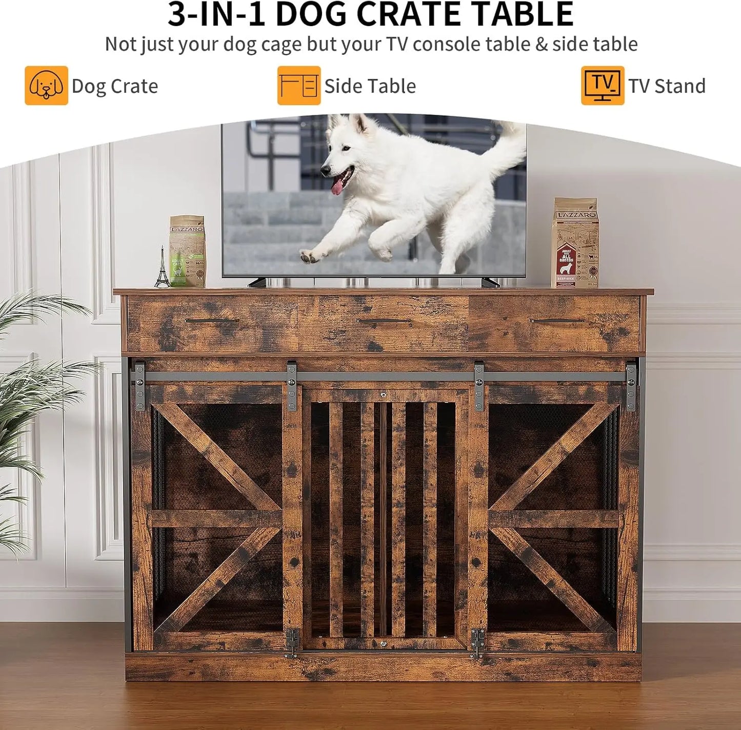 48 Inch Large Dog Crate Furniture with 3 Storage Drawers, Wooden Pet Kennel with Removable Divider