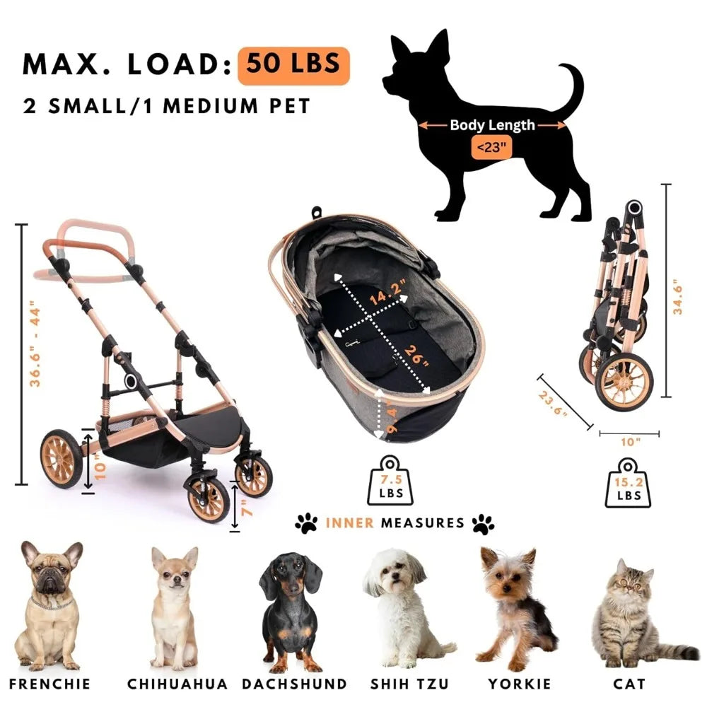 Pet Stroller with 4 Wheels, Foldable Pet Travel Carrier for Small/Medium Dogs Cats up to 50lbs, Detachable Portable Pet Bag, Sto
